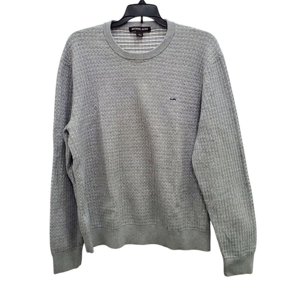 Michael Kors Men's Gray White Textured‎ Monogram Crewneck 100% Cotton Sweater L